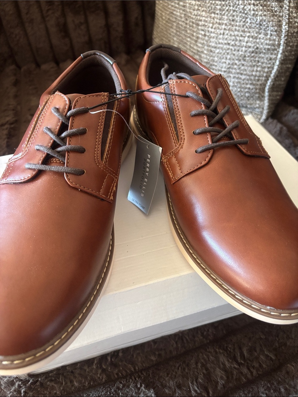 Perry Ellis Tan Brown Leather Derby Lace-Up Shoes - Picture 2 of 8